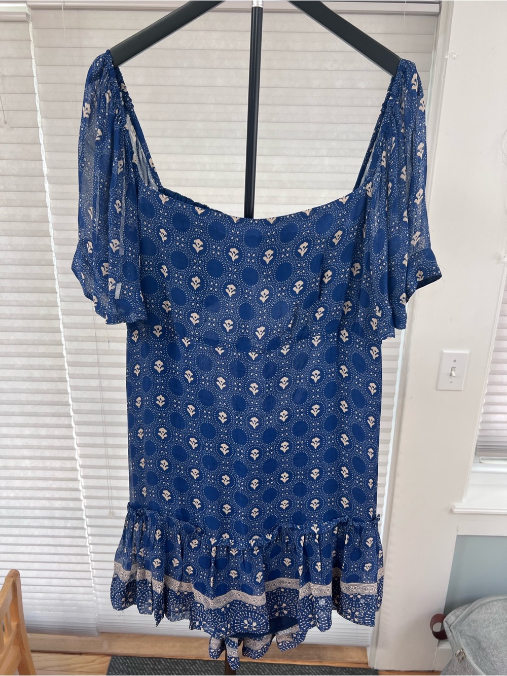 Maeve Anthropologie Blue Printed Flutter Sleeve Open Back Mini Dress XL